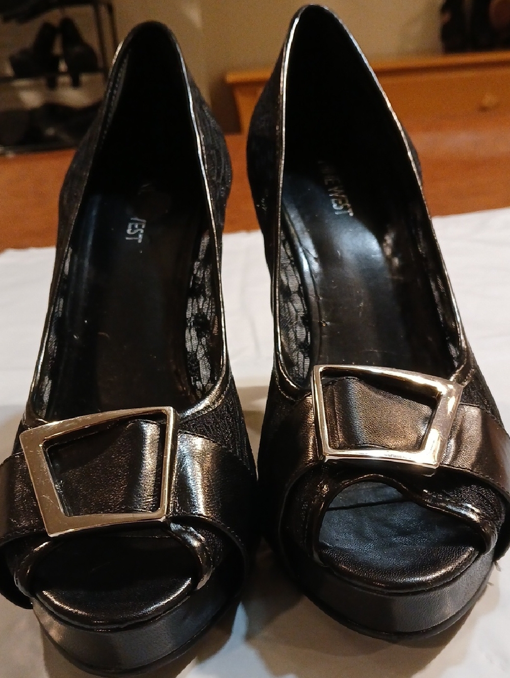 Nine West Black Peep-Toe Heels with Gold Buckle